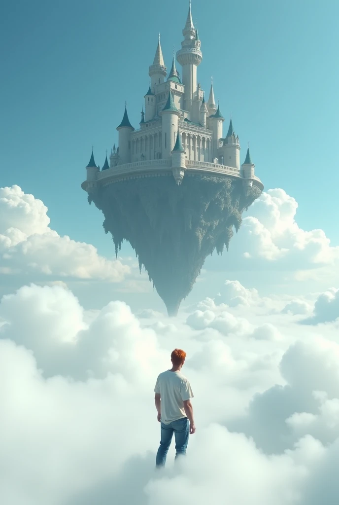 The endless plain covered of cloud. A cinematic medium shot of a man with reddish-blonde hair wearing a t-shirt and jeans. His haircut is in the style of the 80th. He is between the fluffy white clouds, knee-deep in clouds, and looking at a beautiful, magnificent flying fantasy castle with intricate details. The castle is floating in the air above the clouds. The background is a clear blue sky. The castle has a heptagonal symmetrical shape, the corner towers are connected to the central part by galleries and passages. The castle is both a defensive structure and a masterpiece of architecture. It has a futuristic look, but at the same time fantasy fairy tale outlines. (high resolution, high detail, best quality),
(masterpiece:1.2,Highest quality,Ultra-high resolution,Very detailed,Realistic,Ultra-high resolutionのカメラ),8k,wallpaper, A cool, sci-fi look,,masterpiece,Highest quality,Ultra-high resolution,(Super detailed),8k,Realistic,Best aesthetics,beautiful,(dynamic,Great impact:1.2)