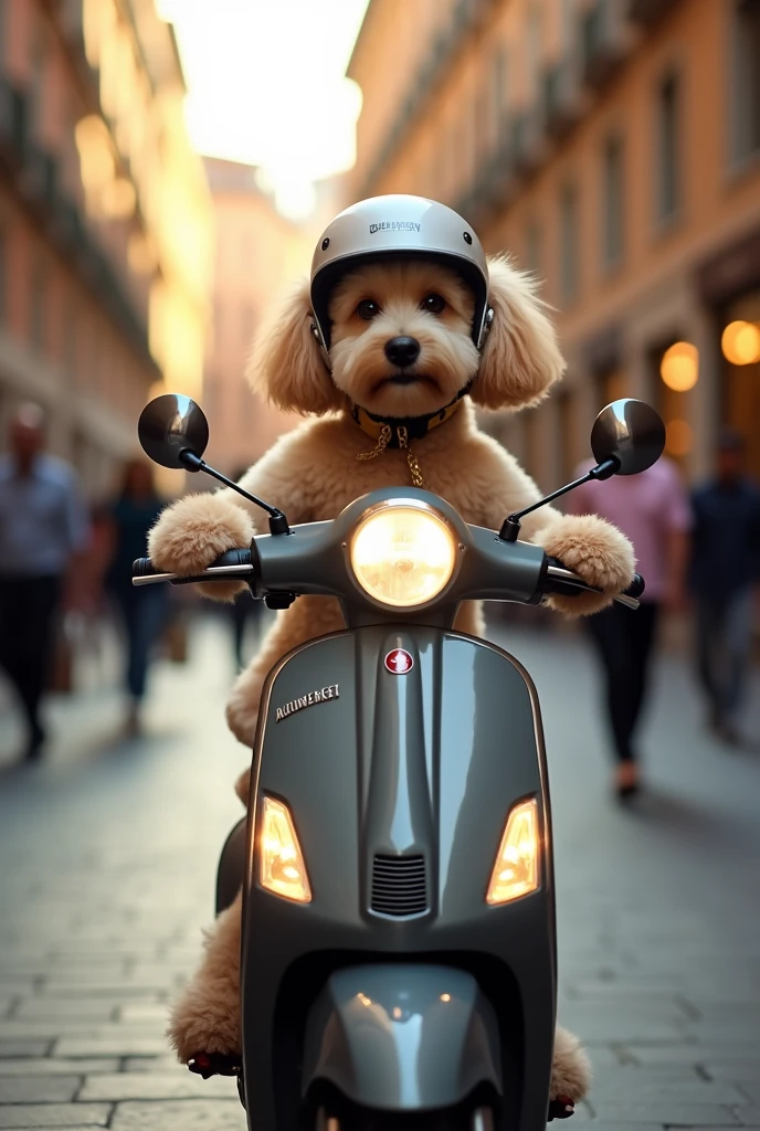 Street photography of a poodle, wearing a scooter helmet, riding a scooter with confident posture, full body framing, in bustling Roman streets with iconic architecture, golden hour lighting, shot from a low angle, on a Leica M10 with a 35mm f/1.4 lens, (motion blur effect:1.2), in the style of (Elliott Erwitt:1.3)