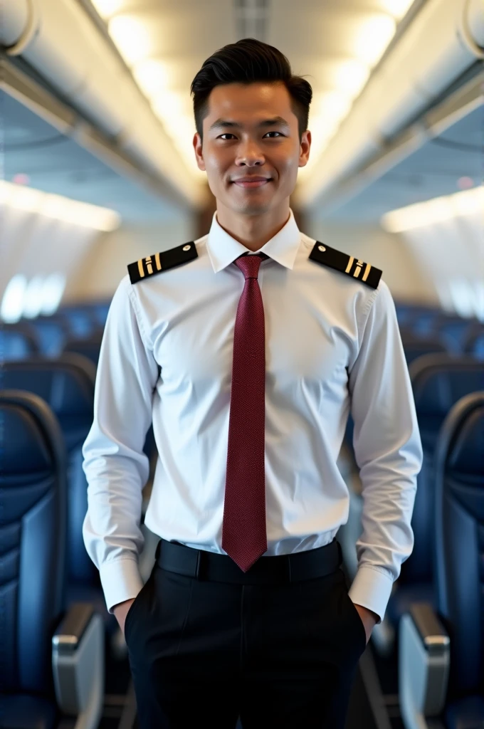 a picture of a male cabin crew member of Thai descent standing confidently in an airplane cabin. He has sleek, middle-parted hair and is wearing a crisp white shirt, with an undershirt subtly visible underneath. His attire includes black pants, and a red patterned necktie. Black shoulder badges are visible, indicating his rank or role. He stands with both hands casually in his pockets, exuding professionalism and approachability in the cabin's aisle.