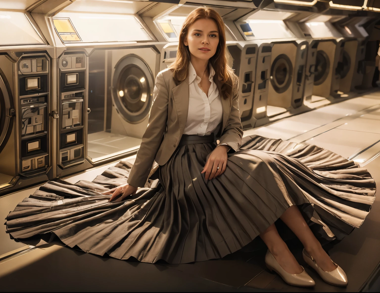 85mm photograph of a Shy, demure, mature, smiling, Compassionate, kind, empathic, long haired, beautiful and attractive woman, Sapphic Space Lesbian Sarah Ferguson is smoothing her skirt, fixing spaceships, exploring space, investigating anomalies, doing scientific R&D, attending council meetings, conducting espionage, conducting archeological excavations, investigating astral rifts, wearing her (long pleated full circle skirt), uniform jacket and (woman's low heel office shoes), (pronounced (feminine) features), (very windy), skirt is flowing wildly in the wind, lesbian space station, sci-fi, skirts in space, loves women wearing skirts, wants to kiss girls, adores skirts, women wearing skirts, empathy, compassion, romance and love, (pronounced (girly) features), (highly detailed ultra accurate realistic) hands and fingers, (windy), epic composition, highly detailed attributes, (35mm f1.4 Kodak portra 400 photograph), extremely high quality RAW photograph, highly detailed atmosphere, sci-fi, cinematic shot, dynamic lighting, 75mm, Technicolor, Panavision, cinemascope, sharp focus, fine details, 8k, HDR, realism, realistic, key visual, film still, superb cinematic color grading, depth of field 