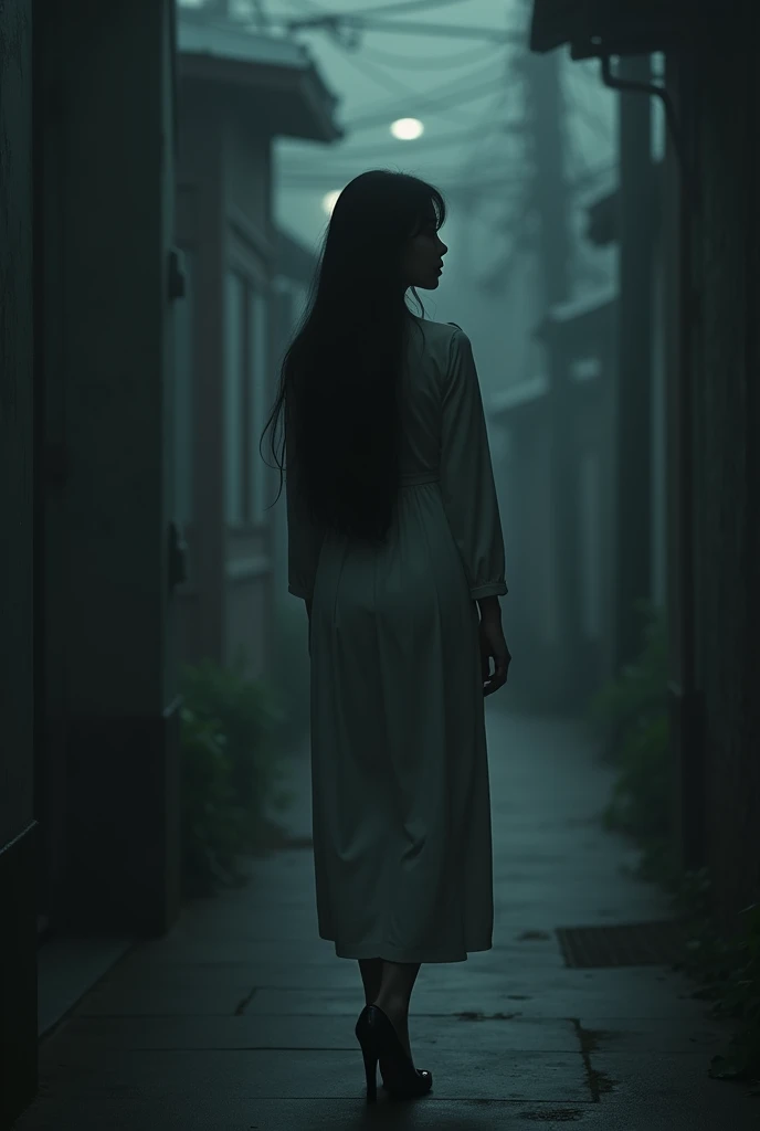 Dark image of a pretty Korean girl turning her back and walking away 