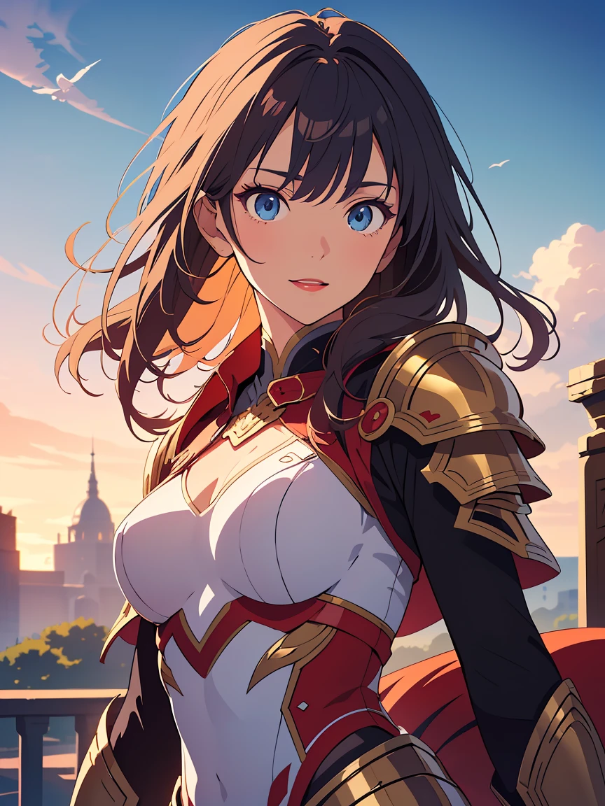 suki, 1 Woman alone, (Masterpiece artwork), (the best quality), (ultra-high resolution), cartoon character, anime version, amazing painting, Beautiful sky, colors, naturey, comely , highly detailed image, chestnut hair, blue colored eyes, Kyoshi Guerrero, make up, lipstick, armour, long sleeves, They are smiling, black gloves