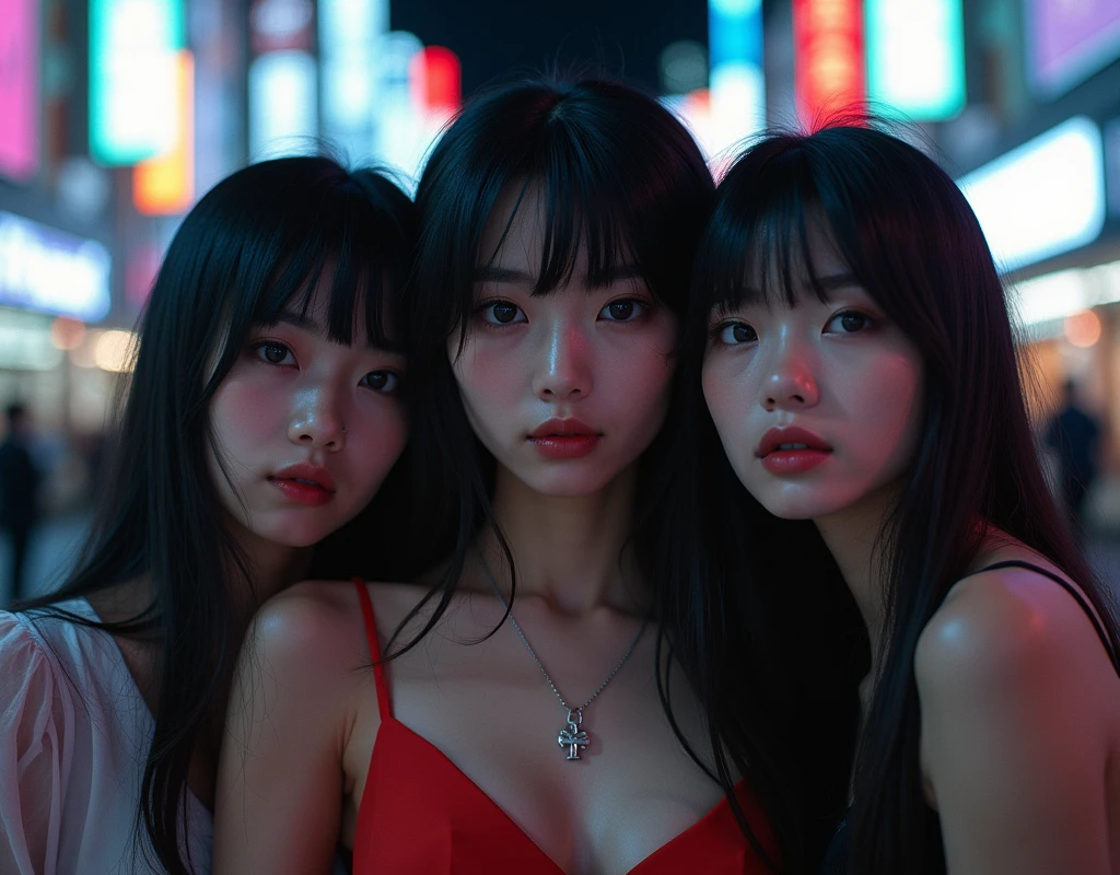Highest quality, masterpiece, Ultra-high resolution, (Realistic:1.4), RAW Photos, Very detailed, Perfect Anatomy,
In the middle of the night, On the streets of Shibuya, Tokyo,
3 people, Group photo, 最も有名な日本のアイドルグループのメンバーeveryone, everyone,
(((everyoneコカインでトリップしてる, get high on cocaine, Totally drunk))), everyone has an innocent smile,
Very cute face with attention to detail, Very large, solid, black eyes with great detail, With very beautiful hair、Perfect in every detail, With a very beautiful body、Perfect in every detail