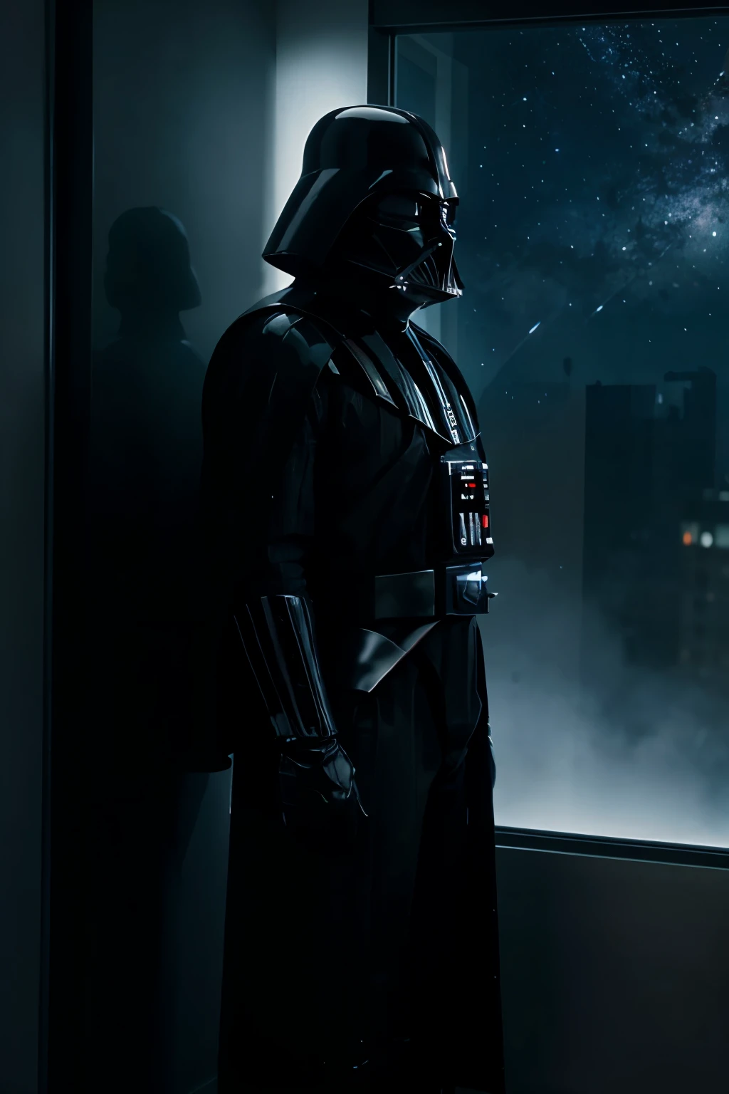 Darth Vader standing tall with a huge window behind him showing stars and black space. he faces directly toward us and holds both hands shoulder wide apart at waist level. He throws his head back as if howling in pleasure.