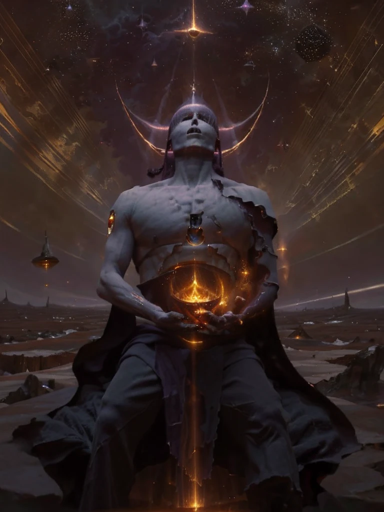 Create a highly detailed and atmospheric digital painting of a cosmic dark entity meditating in a lotus position on the surface of a barren planet. The entity has a shadowy, featureless face and a muscular humanoid body covered in dark organic tendrils that appear to flow and twist around it.. A bright red crystal is embedded in his chest, pulsating with dark energy. Above the head of the entity, A spinning purple and black cosmic vortex with a glowing mystical orb at its center radiates power, Shedding an ethereal light. The background features a vast star-filled galaxy with purple nebulas and distant cosmic phenomena., creating a sense of infinite space and power. The lighting is dark and sinister, and the main sources of light are the glowing red crystal and the mystical orb. The overall color palette is dominated by deep purples., black and touches of red, evoking a sense of cosmic mystery and power.