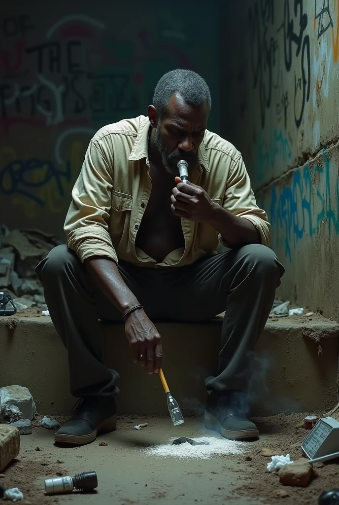 Black man smoking drugs with lots of cocaine