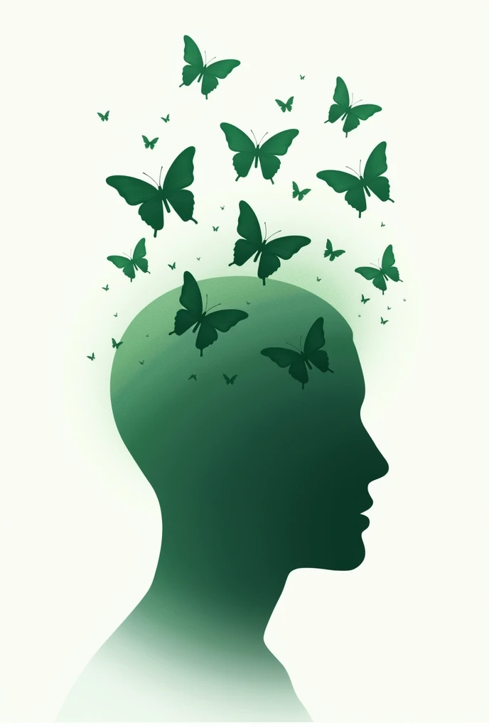 Create an image of a shadow of a human head in green color, with butterflies flowing from the head like thoughts. white background. Modern and creative design. It is linked to the psychology profession