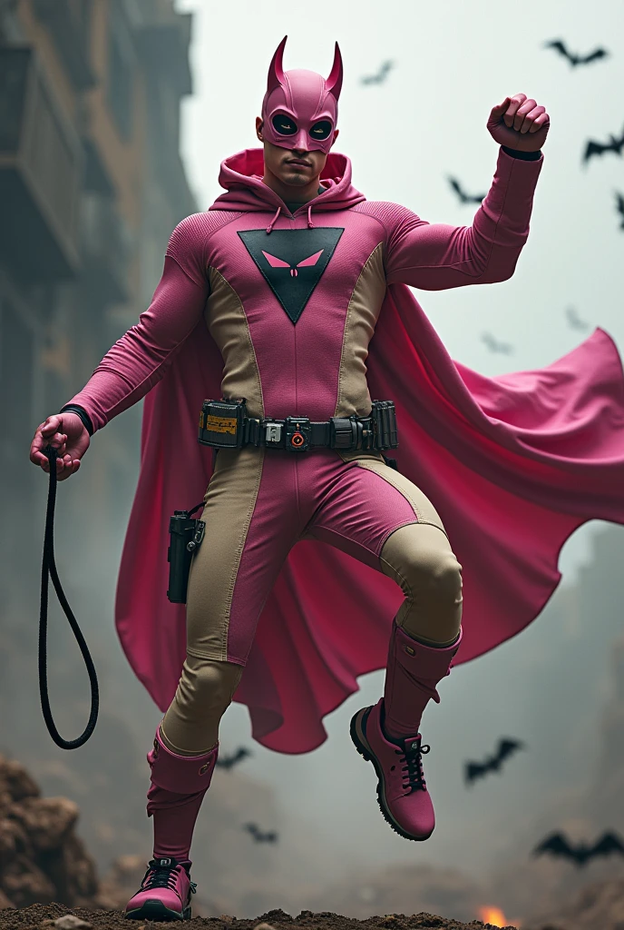 Malaysia man in high-tech suit, vivid effects, malaysian superhero (KELUANG MAN) in a striking pink and brown beige costume cyberpunk design, mask small mini bat ear beige, daredevil beige mask, jumpsuit dark pink stands confidently in a dramatic.jumping from high place.hero costume.one hand rise up. Big triangle logo on the chest.high detail Punisher logo on the chest. Fighting pose , stormy landscape. ((Head covered node guard like batman. Running pose , athletic body type, small mini ear bat mask))The character wears domino mask a helmet with pointed mini torn ears and a flowing cape biege, open nose and mouth. Equipped with visible futuristic weapons on a belt,bullet proof jacket pink dark day.show fingers pose, dark night, big supermoon effect . Small logo on chest triangle shape small punisher logo center triangle cyber logo center on chest pink logo mini logo . rocky. Building top.smoke ground , bomb effect background, losse pants, losses costume.adding to --ar 3:4 --style raw --stylize 500 --v 6.1. chaos. Lot of small flying bat. One leg on the high stone. Man. Backpack . Real man age 40 year old. One hand holding belt.one hand holding black rope hanging on building