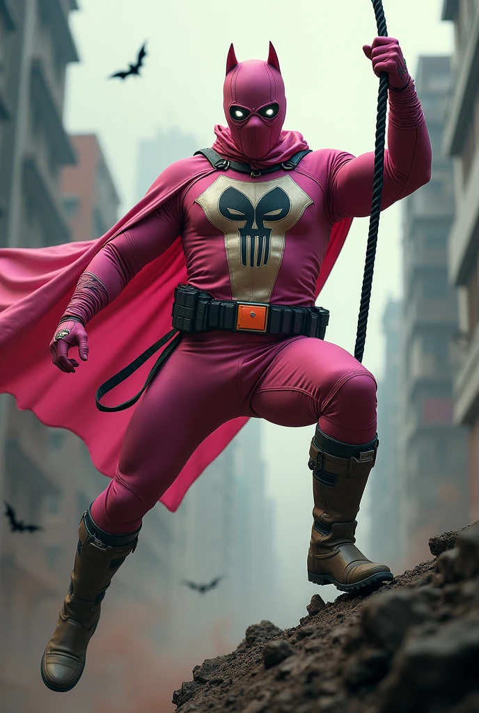 Malaysia man in high-tech suit, vivid effects, malaysian superhero (KELUANG MAN) in a striking pink and brown beige costume cyberpunk design, mask small mini bat ear beige, daredevil beige mask, jumpsuit dark pink stands confidently in a dramatic.jumping from high place.hero costume.one hand rise up. Big triangle logo on the chest.high detail Punisher logo on the chest. Fighting pose , stormy landscape. ((Head covered node guard like batman. Running pose , athletic body type, small mini ear bat mask))The character wears domino mask a helmet with pointed mini torn ears and a flowing cape biege, open nose and mouth. Equipped with visible futuristic weapons on a belt,bullet proof jacket pink dark day.show fingers pose, dark night, big supermoon effect . Small logo on chest triangle shape small punisher logo center triangle cyber logo center on chest pink logo mini logo . rocky. Building top.smoke ground , bomb effect background, losse pants, losses costume.adding to --ar 3:4 --style raw --stylize 500 --v 6.1. chaos. Lot of small flying bat. One leg on the high stone. Man. Backpack . Real man age 40 year old. One hand holding belt.one hand holding black rope hanging on building