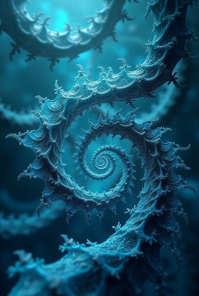 Imagine a wallpaper with complex fractals in the form of spirals and geometric patterns, tout en nuances de cyan et de bleu turquoise. Fractal patterns repeat and intertwine, creating depth and a hypnotic visual effect. La luminosité du cyan varie pour donner une impression de mouvement et de flux, with fine and delicate details that give a mysterious and futuristic look to the wallpaper.

