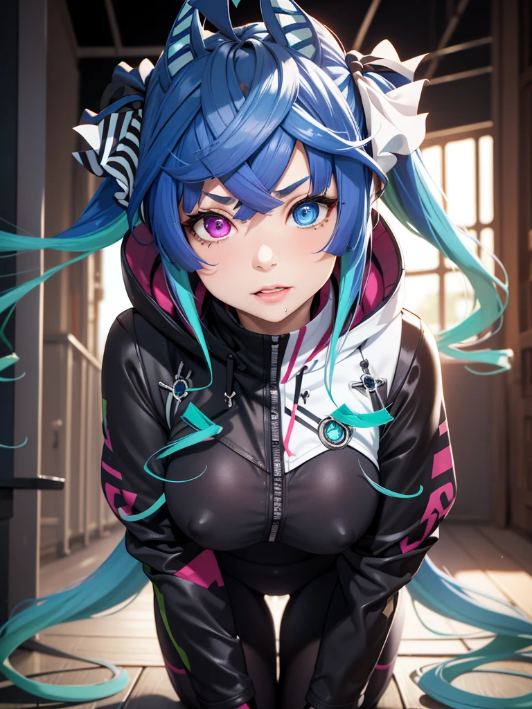(masterpiece、top-quality、hight resolution、Unity 8k、extremely details CG:1,Best Picture), her expression full of lust. Her eyes are half-lidded and slightly glazed, with a moist and glossy look. Her lips are parted, slightly wet, and she has a faint, suggestive smile. Her cheeks are flushed, and she lightly bites her lower lip. Her head is tilted slightly, enhancing the seductive atmosphere. Twin_Turbo_Umamusume, aqua hair, twintails, heterochromia, purple eyes, blue eyes, sharp teeth, multicolored hoodie, black leggings, 1girl