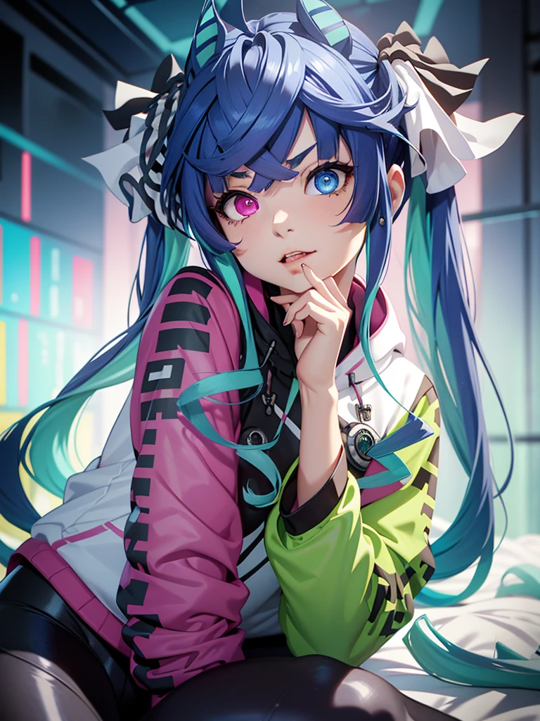 (masterpiece、top-quality、hight resolution、Unity 8k、extremely details CG:1,Best Picture), her expression full of lust. Her eyes are half-lidded and slightly glazed, with a moist and glossy look. Her lips are parted, slightly wet, and she has a faint, suggestive smile. Her cheeks are flushed, and she lightly bites her lower lip. Her head is tilted slightly, enhancing the seductive atmosphere. Twin_Turbo_Umamusume, aqua hair, twintails, heterochromia, purple eyes, blue eyes, sharp teeth, multicolored hoodie, black leggings, 1girl