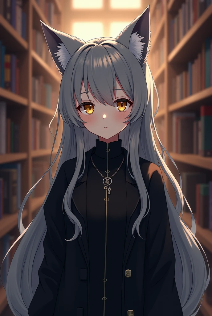 anime, Human girl, gray fur, fox ears, yellow eyes, black clothes, Pendant with a little key, medium height, library background