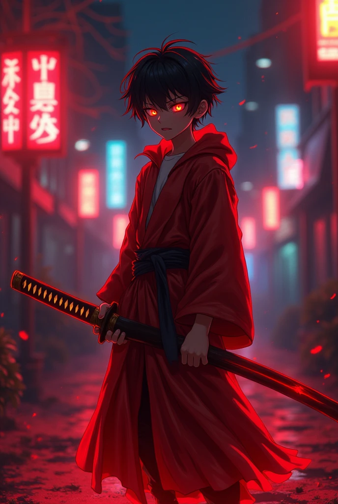 An deadliest boy anime with scary face with katana in neon light with glowing eyes and intense lighting and glows lamps in night with red glow clothes 2k image
