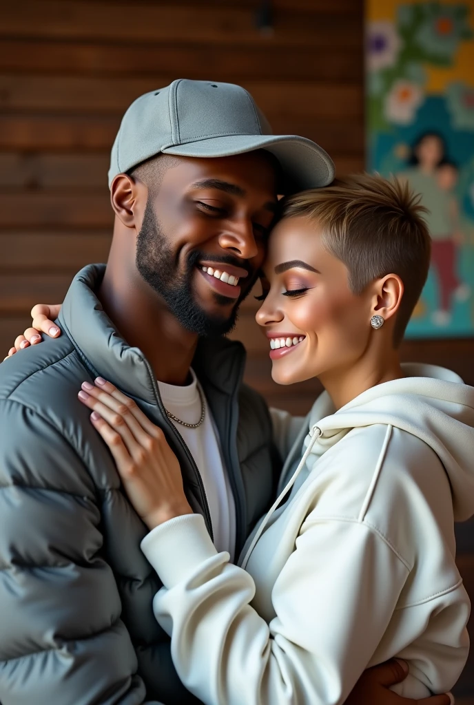 best qualityer:1.4), (ultra high resolution:1.2), (photorrealistic:1.4), (8k, CRU photo:1.2), A couple is hugging in a relaxed setting. A man with black skin, with grey cap, corte de cabelo buzzcut, is wearing a white shirt and a gray puffer jacket, is smiling softly, with her head resting on the boy&#39;s shoulder. The boy with fair skin, is wearing a white sweatshirt and a thin silver chain, short, light brown hair, also smiles slightly, with his hand resting on her neck. Ao fundo, there is a wooden wall and a colorful painting, possibly an artistic mural, which adds a vibrant touch to the intimate and affectionate scene
