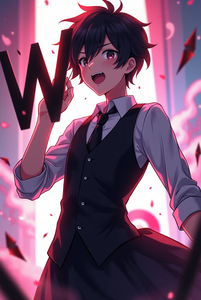An anime guy with a black dress and white shirt saying Wotah who is holding a W