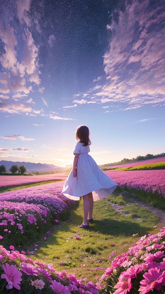 There is a girl standing in a flower field looking up at the sky, a girl standing in a flower field, a girl walking in a flower field, lost in a dreamy wonderland, fantastic digital painting, the sky gradually clears, the starry sky gradually recedes  