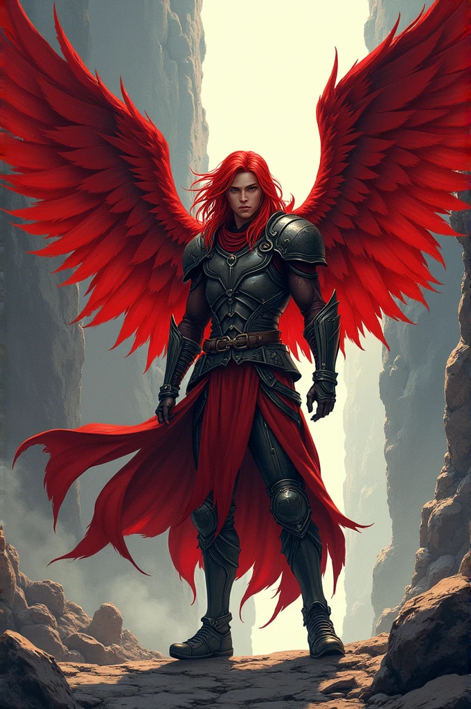 A male angel in war clothes, red wings and long straight red hair, rock bottom, manga style, young face not very strong