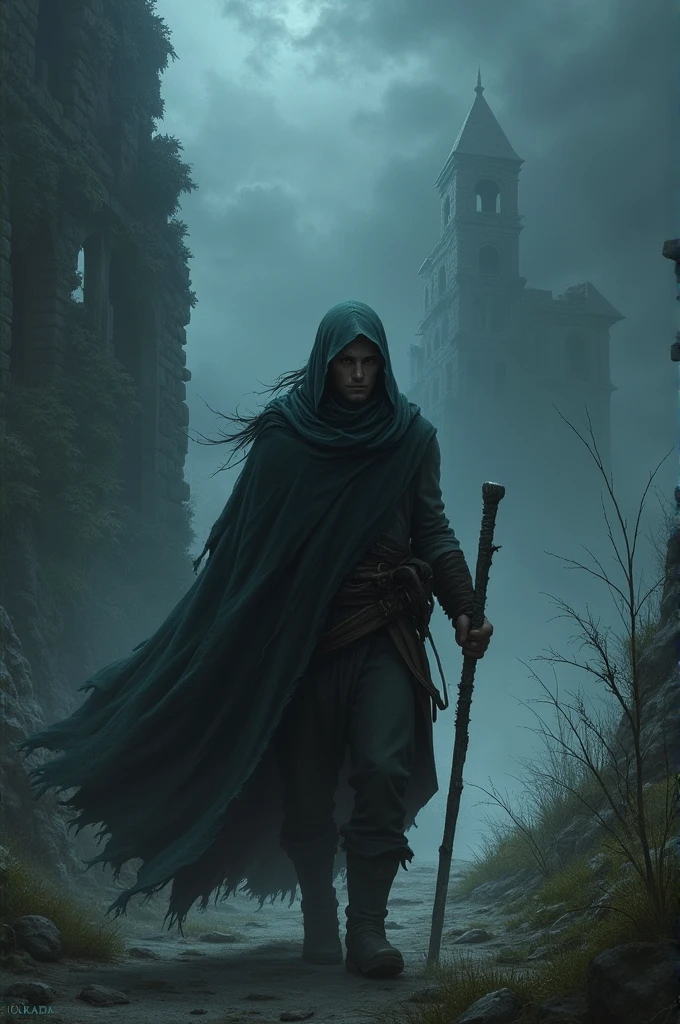 A lone traveler, wrapped in a cloak and carrying a staff, makes their way through the stormy night towards the ruins. Their face shows a mix of determination and apprehension