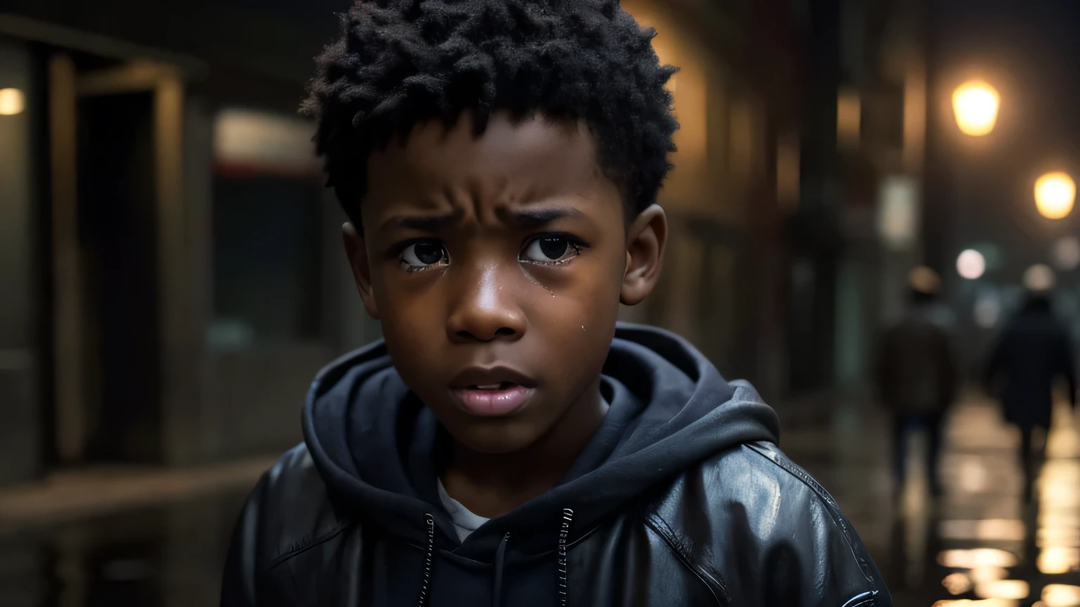 a poor african american boy crying on the street, hyper realistic, extremely detailed facial features, photorealistic, cinematic lighting, highly detailed, emotional expression, dirty clothes, urban background, rainy weather, street, puddles, sad, melancholic, 1 boy, realistic, cinematic, dramatic lighting, gritty, moody, dark tones