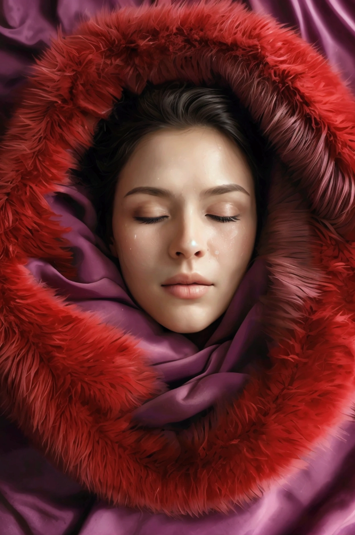 The picture depicts a woman was laying wrapped tight and struggling in a thick fluffy fur red blanket squeezing around her, laying on a luxurious mattress covered very tightly with three layers luxurious red blankets, very thick, very soft, very soft and very heavy, lying on a very soft purple bed with purple sheets. The person is covered completely from head to toe so it looks like a cocoon and mummy, the position of the picture shows the whole body, only a small part of the face and hair are visible, calm facial expression and closed eyes, and sweaty, showing white skin, realistic style.