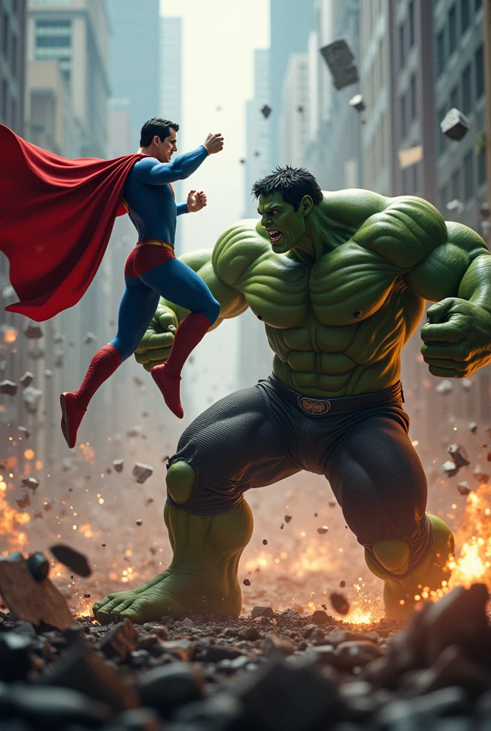 Here’s a prompt for generating an image of a fierce battle between Superman and Hulk:

---

**"A dramatic and intense battle scene between Superman and Hulk. Superman, in his iconic blue and red suit, is mid-air with fists glowing as he prepares to strike. Hulk, with his massive green form and powerful muscles, is in a powerful stance on the ground, roaring and ready to counter. The background is a chaotic cityscape with debris flying around, showcasing the sheer force of their clash. Lightning and energy effects enhance the impact of their fight, creating an epic and dramatic atmosphere."** give me 10 image with deferent fight angel and sences

---

This prompt should help generate a striking and dynamic image of the fight.