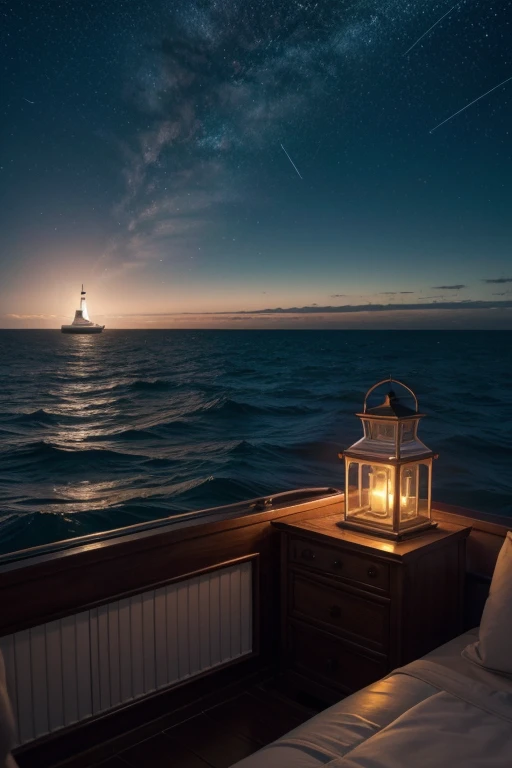 Small boat on the high seas with a crew member observing a lit lighthouse on dry land, sky with many stars, moonligh .