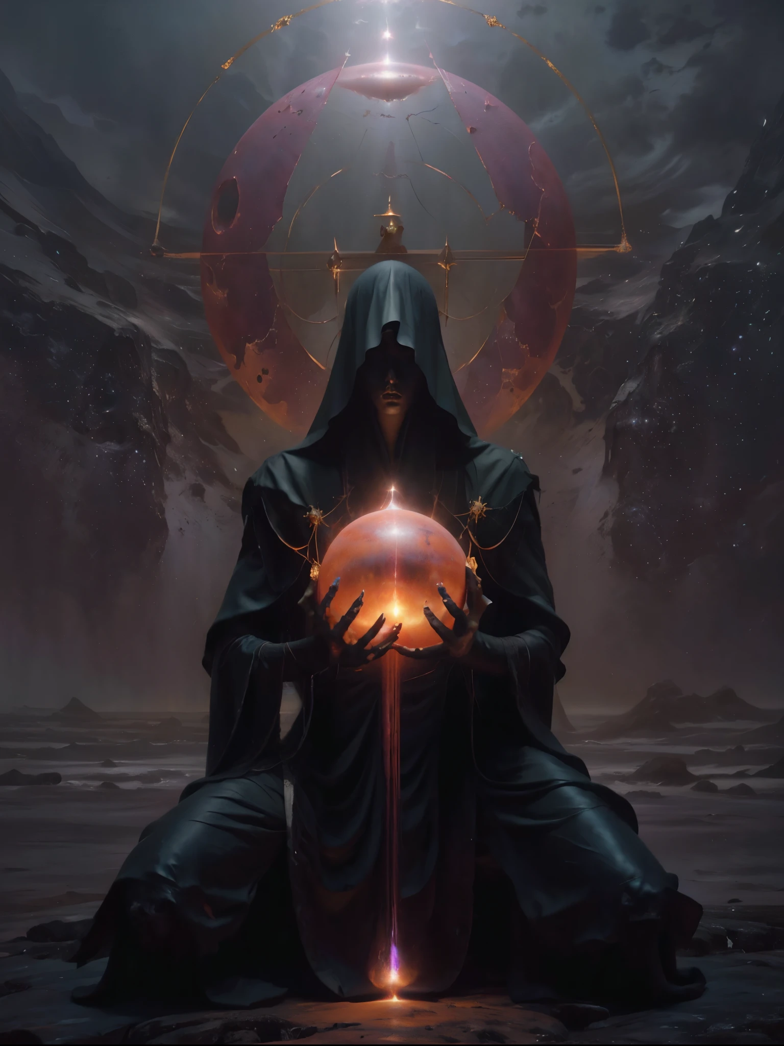 Create a highly detailed and atmospheric digital painting of a cosmic dark entity meditating in a lotus position on the surface of a barren planet. The entity has a shadowy, featureless face and a muscular humanoid body covered in dark organic tendrils that appear to flow and twist around it.. A bright red crystal is embedded in his chest, pulsating with dark energy. Above the head of the entity, A spinning purple and black cosmic vortex with a glowing mystical orb at its center radiates power, Shedding an ethereal light. The background features a vast star-filled galaxy with purple nebulas and distant cosmic phenomena., creating a sense of infinite space and power. The lighting is dark and sinister, and the main sources of light are the glowing red crystal and the mystical orb. The overall color palette is dominated by deep purples., black and touches of red, evoking a sense of cosmic mystery and power.