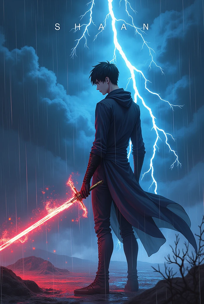 Create A 3d Profile Picture of an Anime Men Character Who Is Stand Alone In Rain And In The Sky Lightening And The Anime Men Character Is Holding Only One Magical Sword A Blue And Red Flame Came Out Of The Sword And Top Of The Image a Word"Shaan"is written.