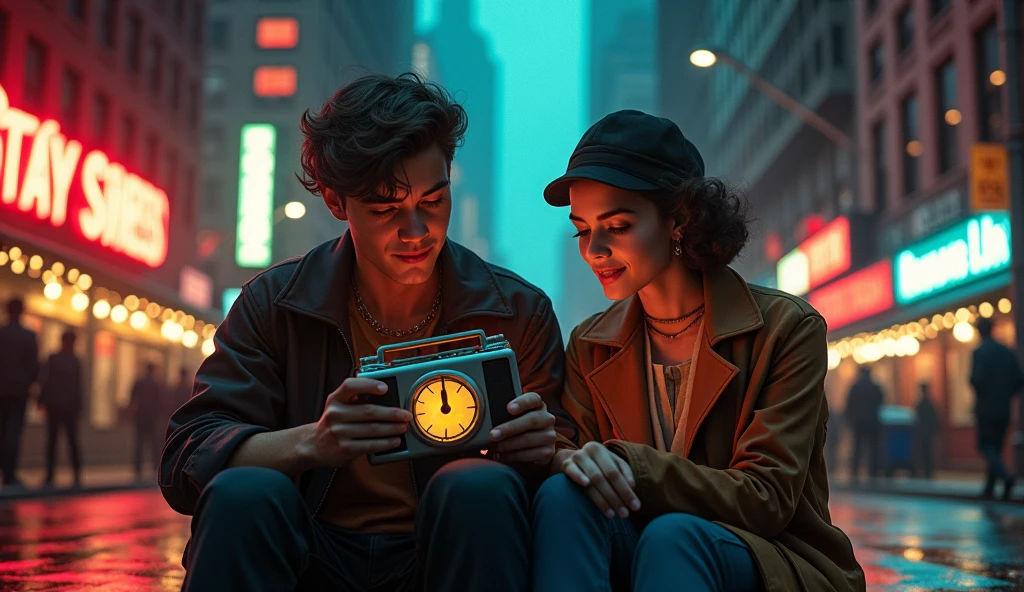 2 teenagers listening to music on the streets of New York City in1934, detailed urban cityscape, neon lights, skyscrapers, street art, gritty atmosphere, cinematic lighting, vibrant colors, photorealistic, 8k, highly detailed, masterpiece