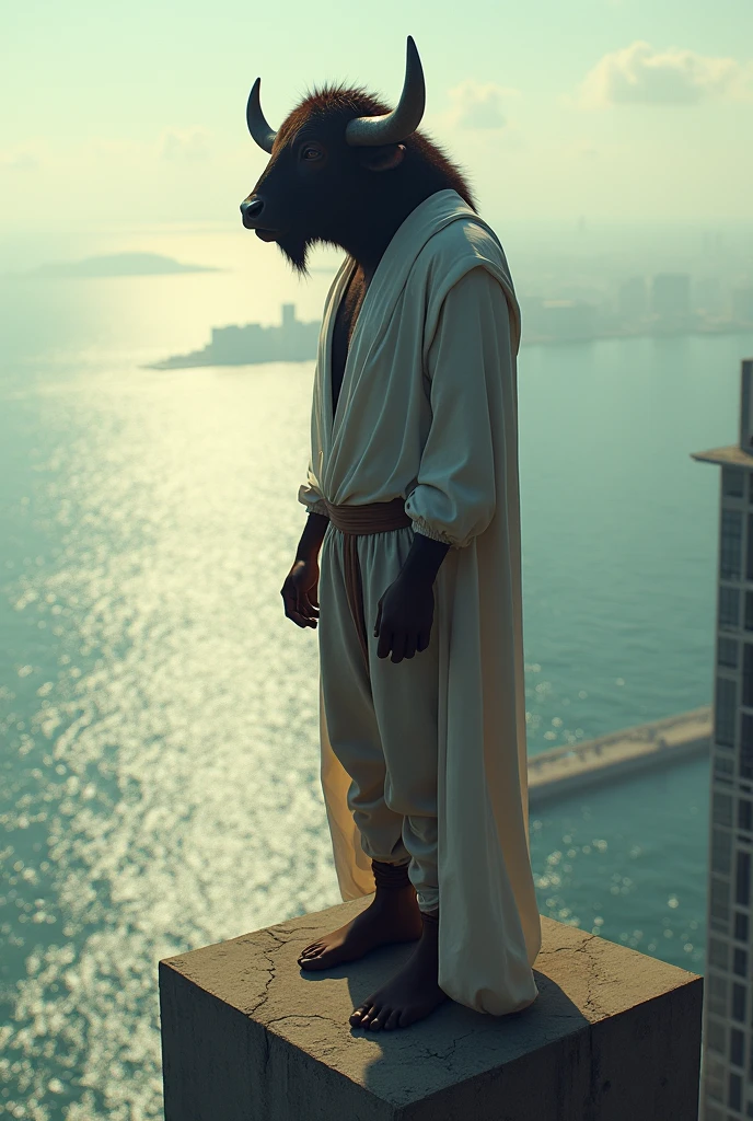 Buffalo man character standing in the top of building and see the sea