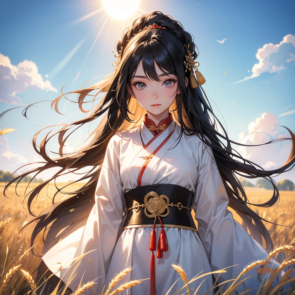 A beautiful girl with black long hair, wear ancient chinese clothes, Standing in the middle of a wheat field , There are some floating clouds, with the sun shining on her face, close up.