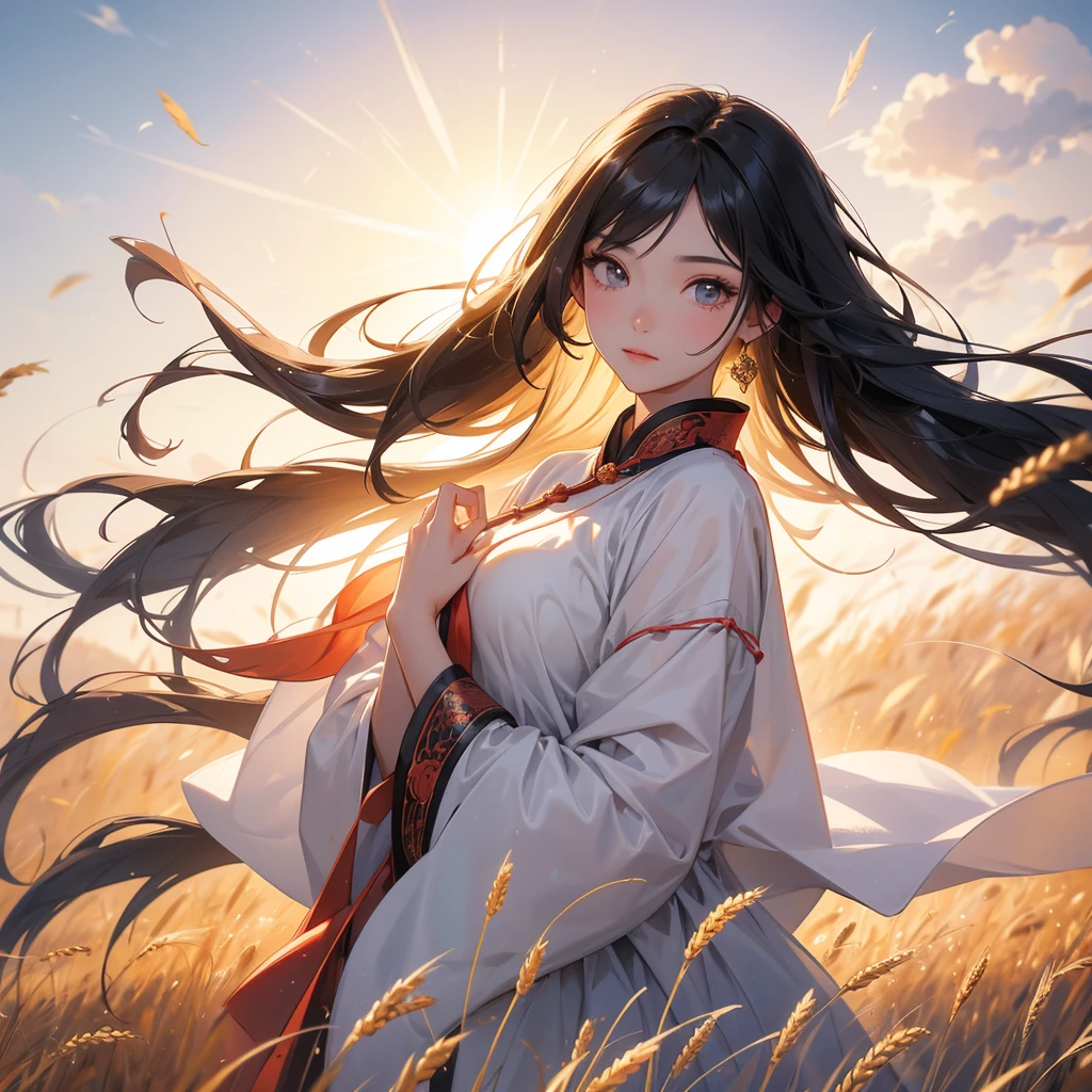 A beautiful girl with black long hair, wear ancient chinese clothes, Standing in the middle of a wheat field , There are some floating clouds, with the sun shining on her face, close up.