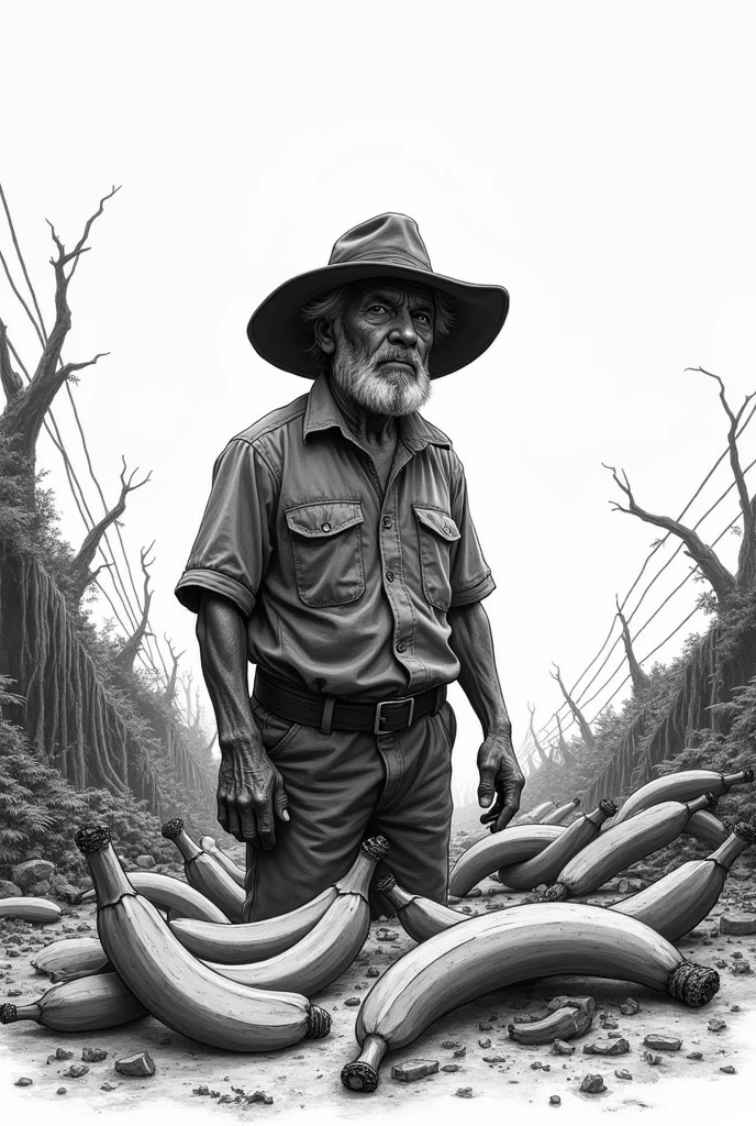 Create an easy to draw black and white drawing, of a slightly older man with a beard and a hat, worried and sad, in a banana plantation as he found them destroyed and fallen to the ground, On the ground you throw out fallen bananas and make the man sad and worried while he watches them , Put a hat on him and more bananas on the ground , That image is fine, just put what I just told you. 