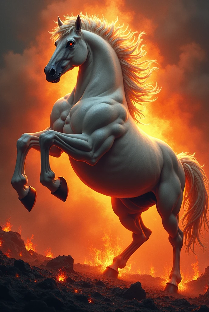 Create a round picture with a white agresdive PullHorse with exaggerated protruding muscles and veins and fiery red eyes, which stands on its hind legs and with its front hoof in a black, carbonizing, flames ground in stomps. The background should be a flaming inferno and otherwise a black background.