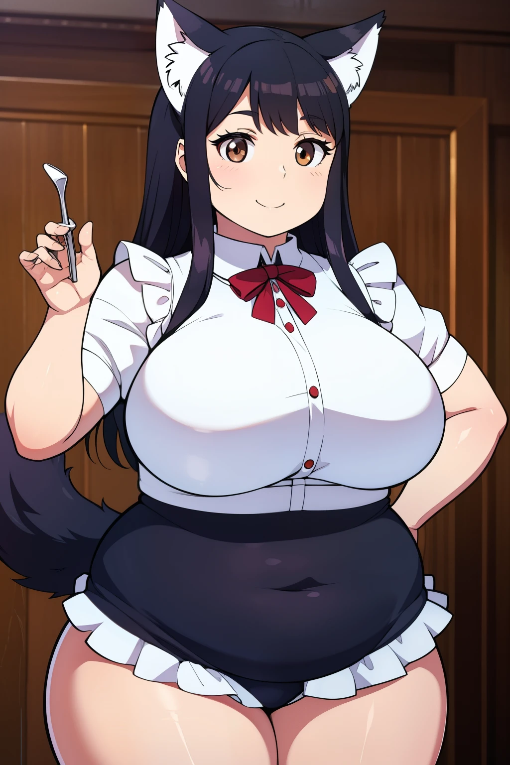 Plump big breasts black hair brown eyes chubby smile longer hair maid wolf girl ear wolf tail