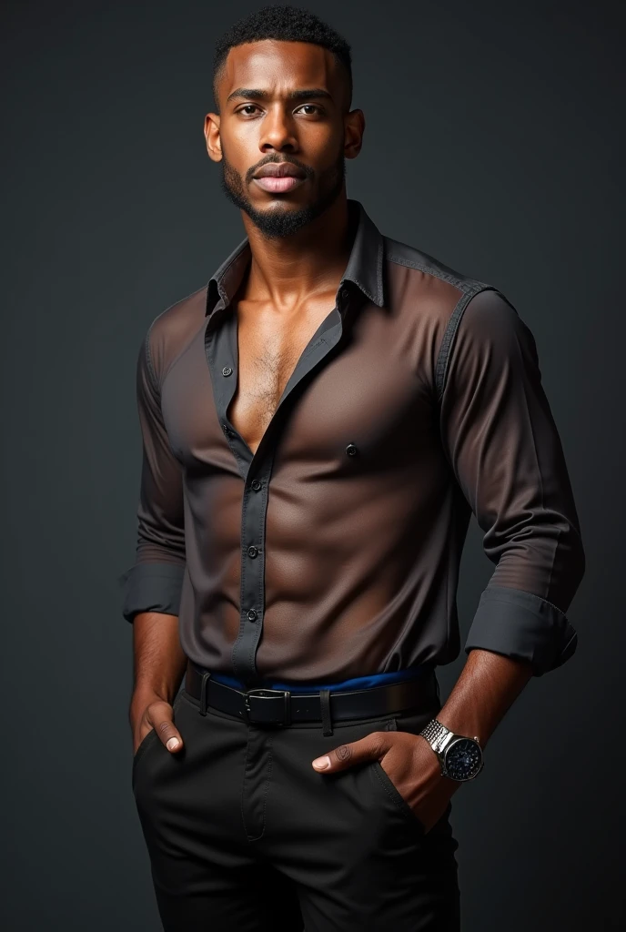 homme carribbean yeux bleu (metisse), 20 ans, beau et élégant,Imberbe, Porter une chemise transparente, sexey , masculin et beau，musclé，Les muscles ont l&#39;air bien，corps poilus, avec une peau claire,, photo du corps entier,(ultra-détaillé, Photoréaliste, Meilleure qualité, 4k, 8k, haute résolution, chef-d&#39;œuvre:1.3), charmant , (corps musclé), portant une chemise brillante sur mesure, avec le bouton du haut défait avec désinvolture, pantalon anthracite parfaitement ajusté, Transpirer, déboutonner les boutons de la chemise, visage obscène , yeux bleu, la poitrine serrée, sexe, érotique, corné, Les accessoires incluent une montre-bracelet de luxe , dans des endroits bondés,regarder le spectateur,veines musculaires, sexey posing,allongé sur le sol,vue de dessus,Une chemise mouillée révèle des muscles,pas de sous-vêtements,sourire obscène