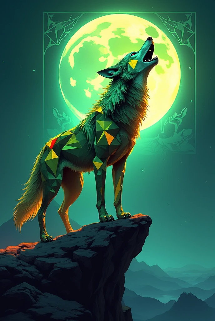 crystaline geometrical alpha wolf till neck colours green as primary and yellow,red,blue as secondary howling on cliff in full moon emblem in abstract frame