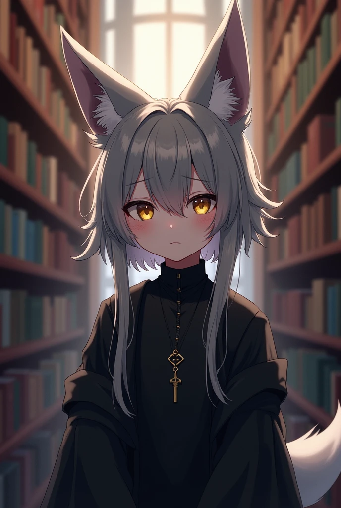 anime, Human girl, gray fur, fox ears, yellow eyes, black clothes, Pendant with a little key, medium height, library background