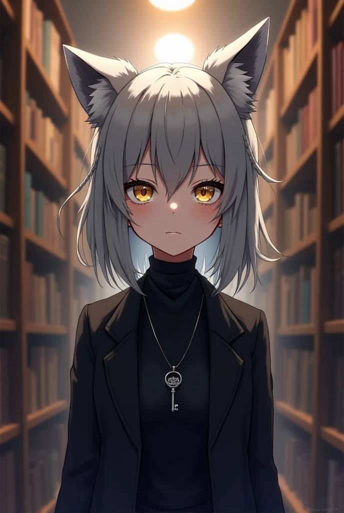 anime, Human girl, gray fur, fox ears, yellow eyes, black clothes, Pendant with a little key, medium height, library background 