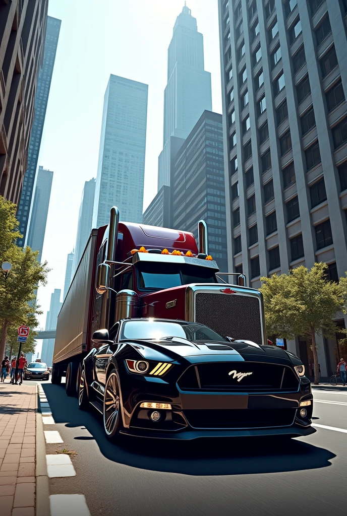Canadian long truck and mustang black in downtown