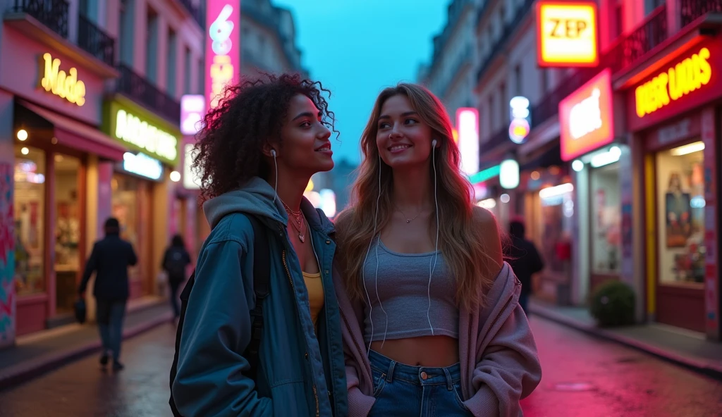 2 teenagers listening to music on the streets of Paris City in 2024, detailed urban cityscape, neon lights, skyscrapers, street art, gritty atmosphere, cinematic lighting, vibrant colors, photorealistic, 8k, highly detailed, masterpiece
