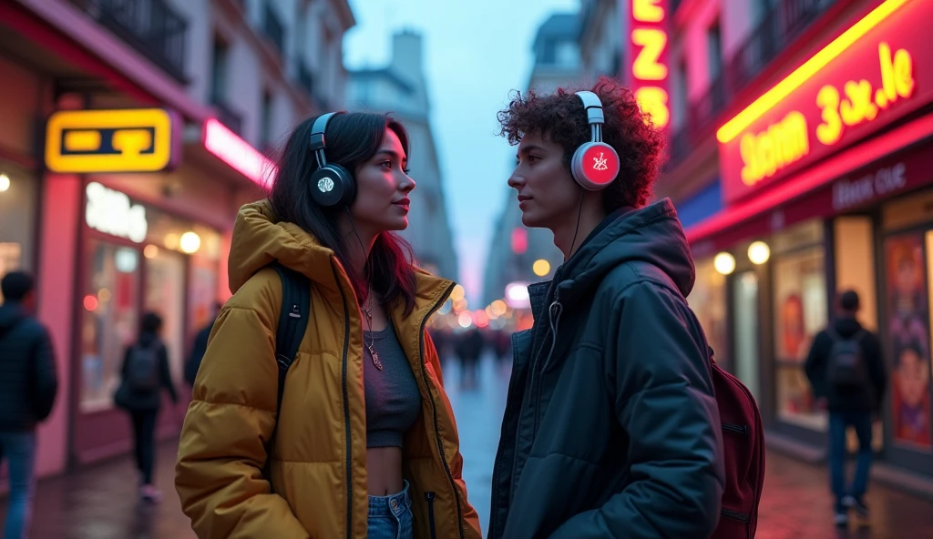 2 agers listening to music on the streets of Paris City in 2024, detailed urban cityscape, neon lights, skyscrapers, street art, gritty atmosphere, cinematic lighting, vibrant colors, photorealistic, 8k, highly detailed, masterpiece