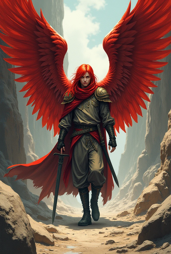 A male angel in war clothes, red wings and long straight red hair, rock bottom, manga style, young face not very strong with sword