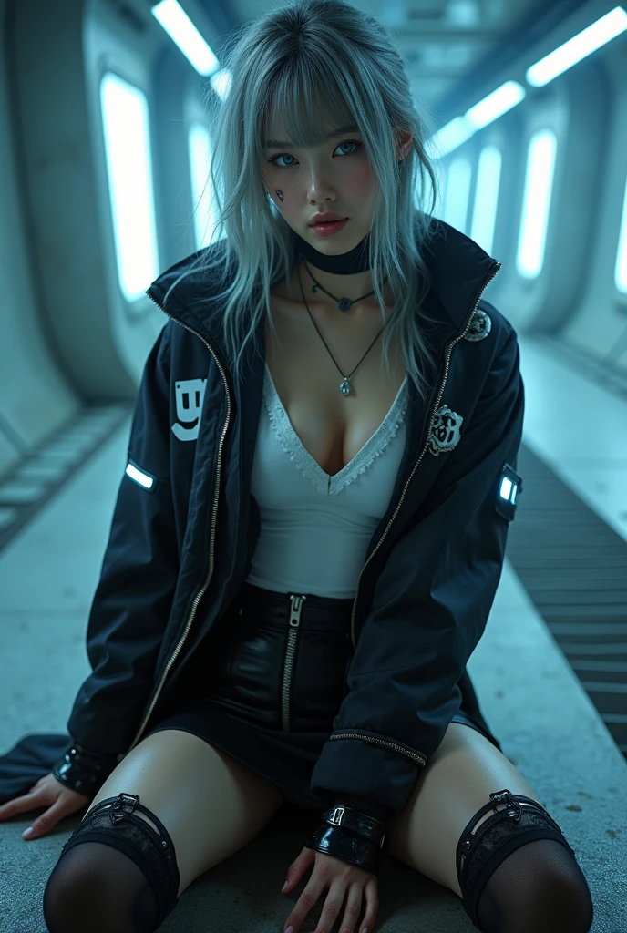nsfw, masterpiece, hyper Detailed,Best Quality, hyper Realistic, A mysterious and sophisticated beautiful young gravure Japanese woman with blue eyes wears futuristic and sexy fashion art. sitting focus breasts,, from below, Detailed clothing butt, woman is climbing at a wide angle, with her full body in frame. large Butt, sexy large breasts, slim waist, Cyber punk taste fashion, Her outfit includes BLACK over sized Surface hoodie sweat, nothing shorts, adding a minimalist beauty. She accessorizes with futuristic accessories and technical sneakers. Her demeanor exudes harmony and striking simplicity, accentuating her curves and digging sensuously into her skin, hyper small head and face, wide and big Duck mouth, half open mouth, perfectly aligned teeth, perfect beautiful wide teeth, Detailed eyes, light blue eyes, half open eyes, shiny Droopy eyes, gray hair, looking other, She is situated within the interior of a futuristic colony, with mist drifting and steam rising from concrete