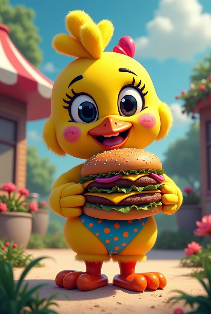 Toy Chica chicken in bikini five nights at Freddy she has a big 3 story burger in her hands