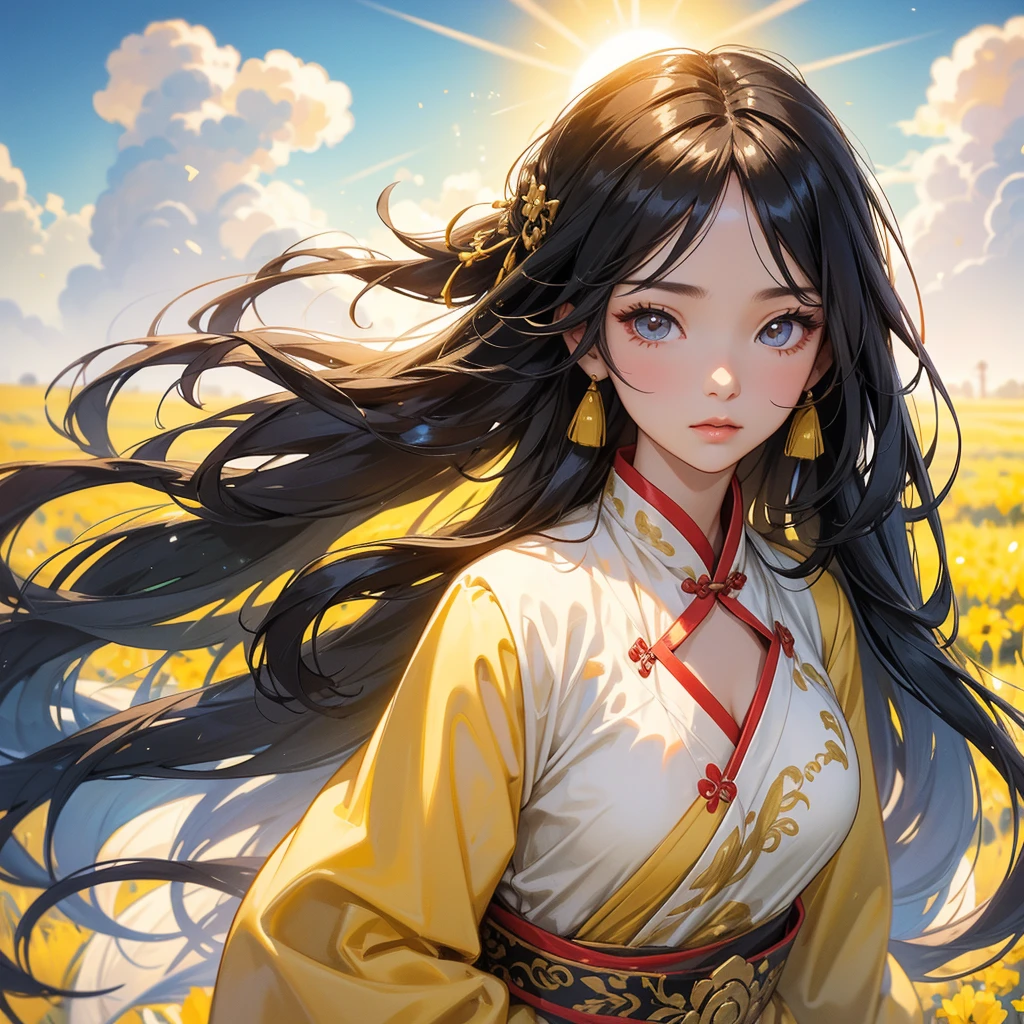 A beautiful girl with black long hair, wear ancient chinese clothes, Standing in the midst of a field of bright yellow gold fields , There are some floating clouds,, with the sun shining on her face, close up.