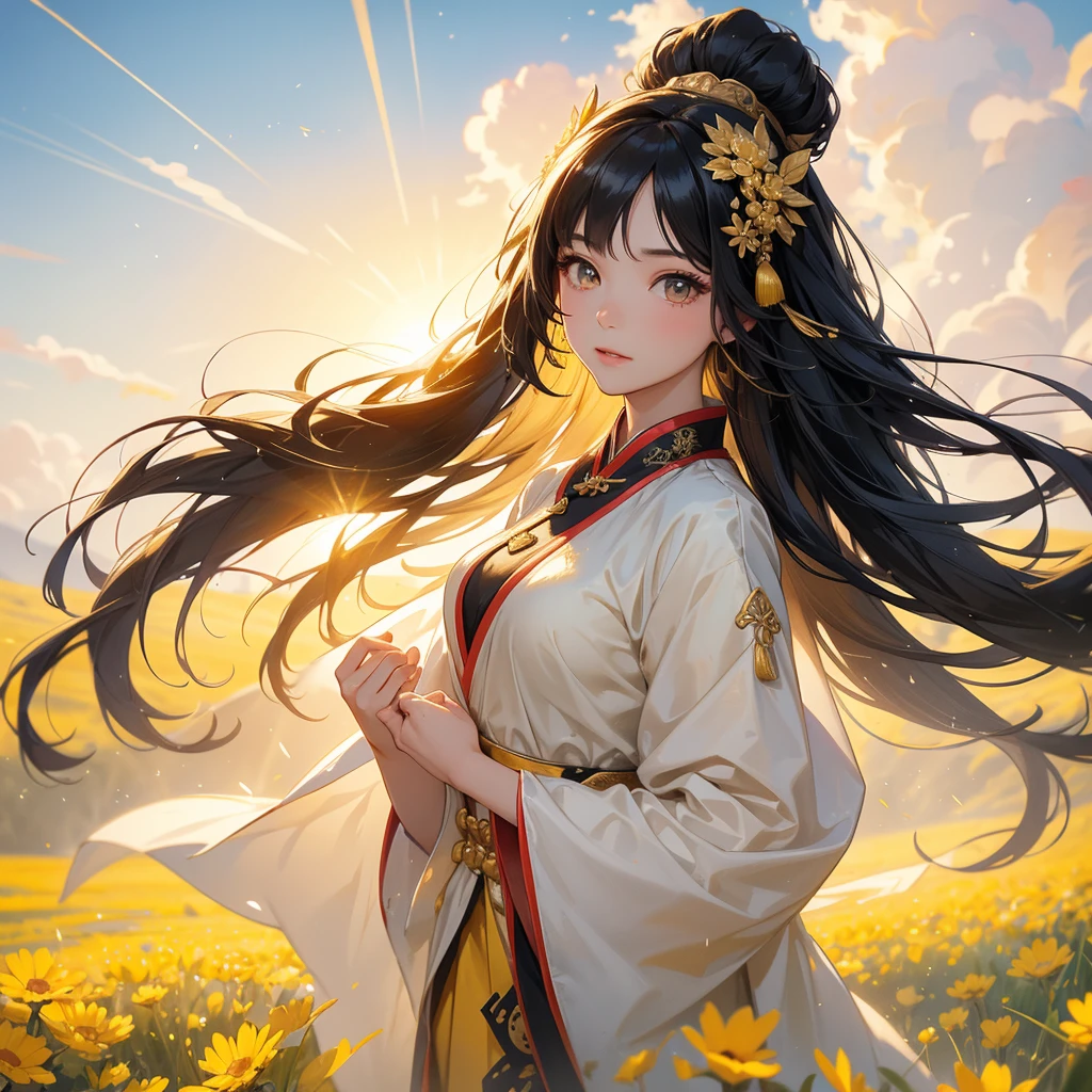 A beautiful girl with black long hair, wear ancient chinese clothes, Standing in the midst of a field of bright yellow gold fields , There are some floating clouds,, with the sun shining on her face, close up.