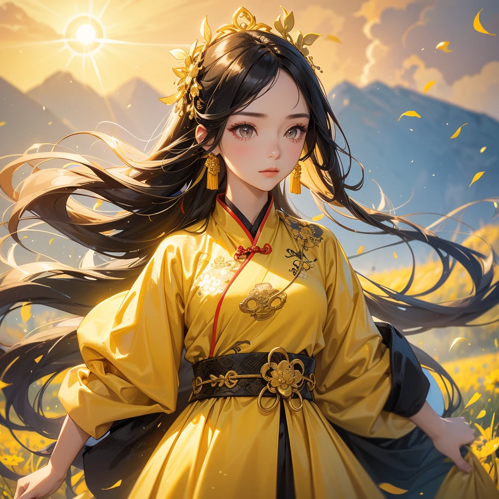 A beautiful girl with black long hair, wear ancient chinese clothes, Standing in the midst of a field of bright yellow gold fields , There are some floating clouds,, with the sun shining on her face, close up.