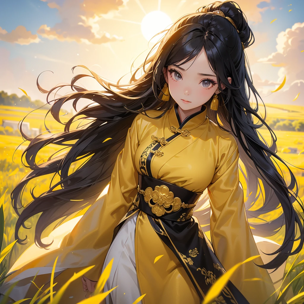 A beautiful girl with black long hair, wear ancient chinese clothes, Standing in the midst of a field of bright yellow gold fields , There are some floating clouds,, with the sun shining on her face, close up.